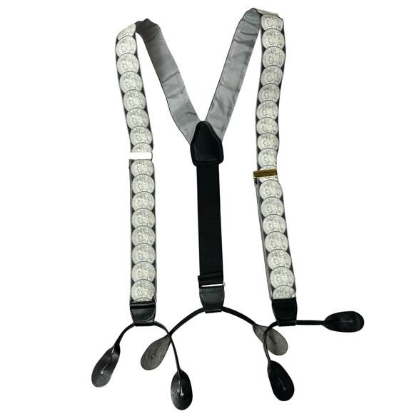 CAS Germany Silk Suspenders Mens Braces Gray Black Leather Button Coins Liberty - Picture 1 of 8